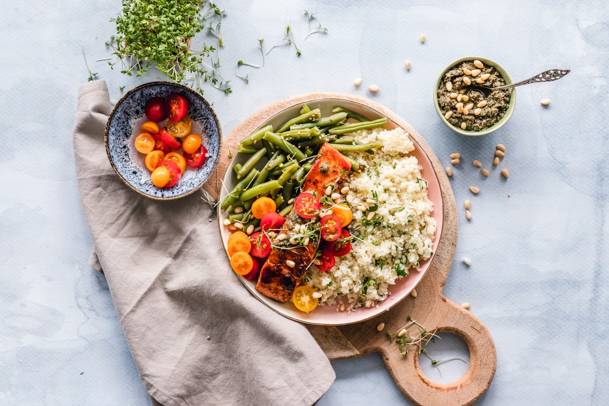 Nutritious meal preparation with fresh vegetables and grains